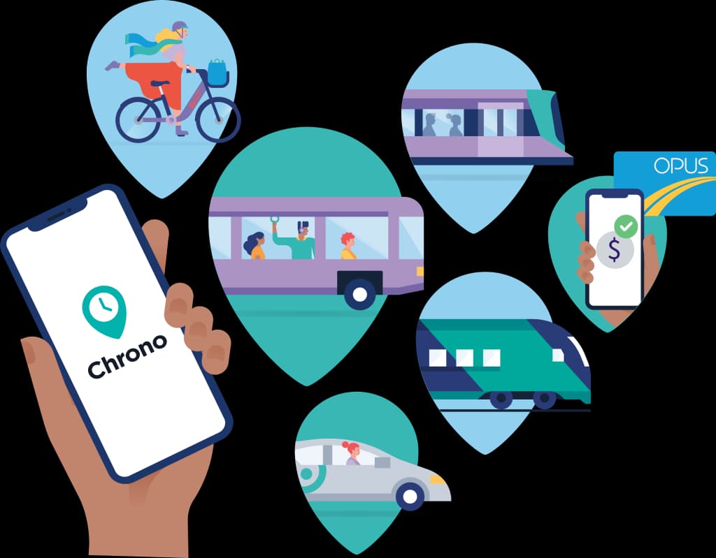 Chrono app interface showing trip planning and fares.